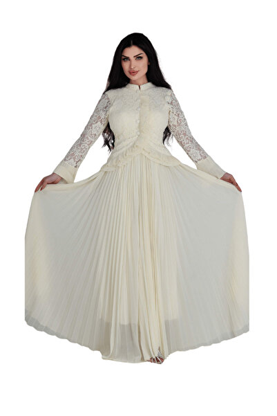 TREN Flared Chiffon Evening Gown with Lace Sleeves | High Neck Maxi Dress for...