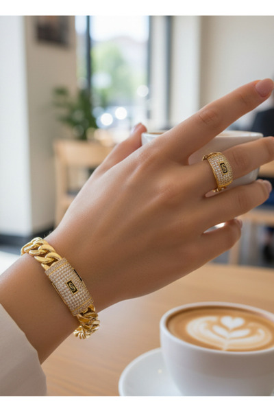 BİJU YILMAZ Vip Altın Kaplama Kelepçe Ayarlanabilir Yüzük Gurmet Set - 26set03