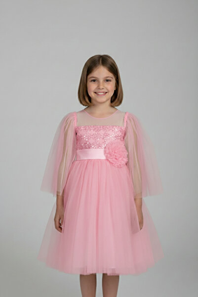 FATELLA Girl's Dress with Glitter and Floral Details Pink Princess Model Tull...