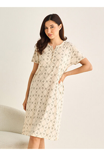 FAV فستان نوم متوسط ​​الطول بأكمام قصيرة، مصنوع من القطن بنقشة أشجار النخيل