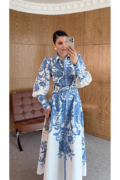 HAZELANNA Dijital Baskı Kemerli Mavi Elbise