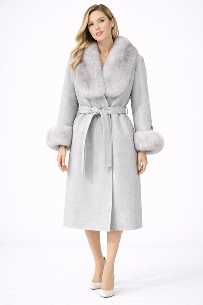 BEJ Alpaca Coat with Fox Fur Trim on the Collar and Sleeves