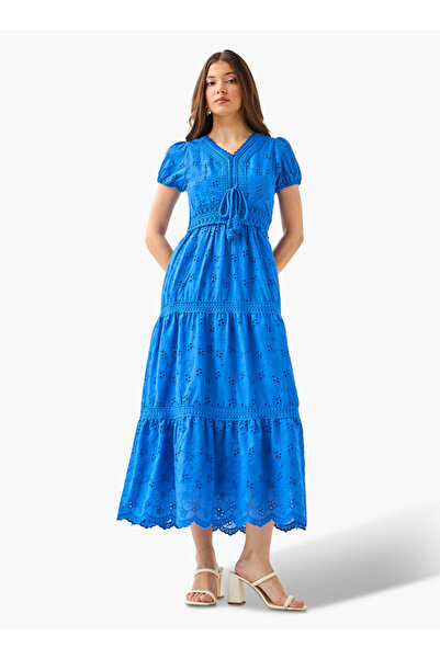 2Xtremz A-line Midi Cotton Tiered Dress with Schiffli Embroidery