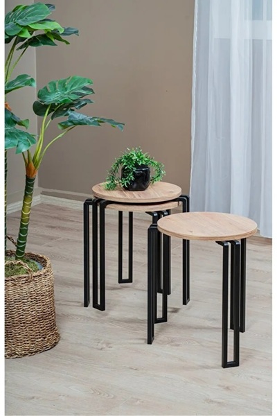 nysamo Yuvarlak 3 Kat zigon sehpa Dekoratif Metal Ayaklı Çam Ahşap Orta Sehpa