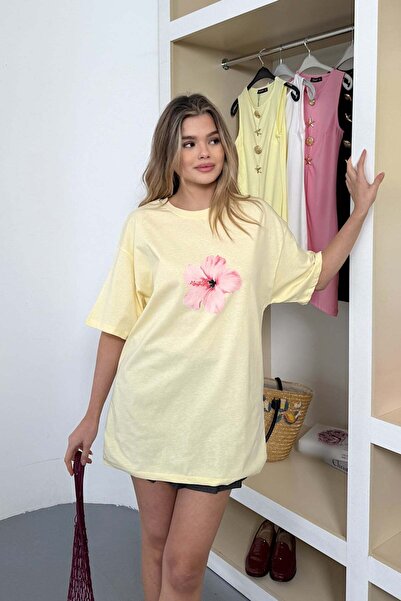 GİYSA Women's Crew Neck Lotus Printed Oversize T-Shirt Yellow - 26Y 26502