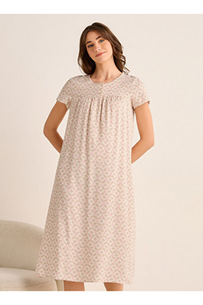 FAV فستان نوم متوسط ​​الطول بأكمام قصيرة وطبعة زهور من الفسكوز