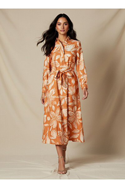 FAV فستان قميص متوسط ​​الطول من الفسكوز بنقشة زهور