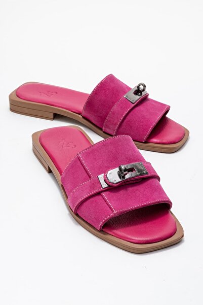 Zeynep Sıradağlı Harbin Women's Genuine Leather Slippers Fuchsia Suede