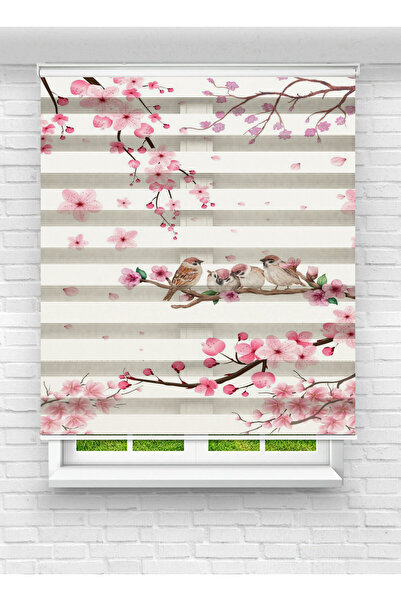 Enzo Home Zebra Stor Perde Sakura Çiçekli ve Kuş Desenli