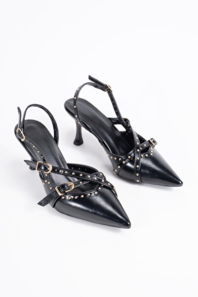 FEMME Women's Stiletto Pointed Toe Open Back Studded Detailed Heeled Shoes Ma...