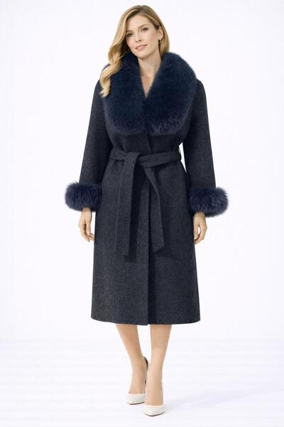 BEJ معطف من صوف الألبكة مزين بفرو الثعلب على الياقة والأكمام