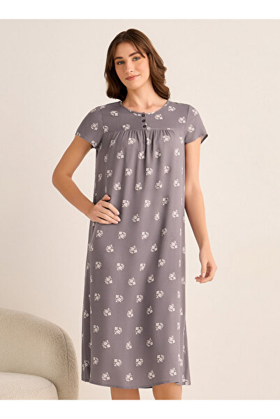 FAV Midi Night Dress Short Sleeves with Floral Print Viscose