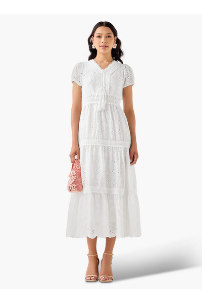 2Xtremz A-line Midi Cotton Tiered Dress with Schiffli Embroidery