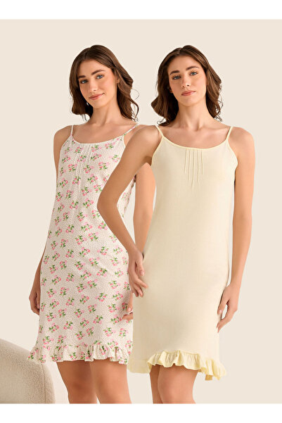 FAV Set of 2 - Midi Slip Dress Strappy Ruffled Hem Cotton