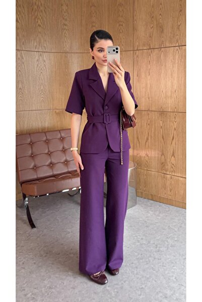 HAZELANNA طقم سترة وبنطلون بحزام باللون العنابي