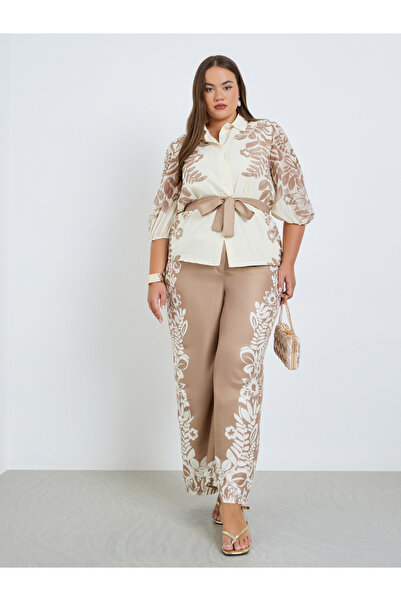 Styli Plus Size Women Beige Floral Wide Leg Trousers