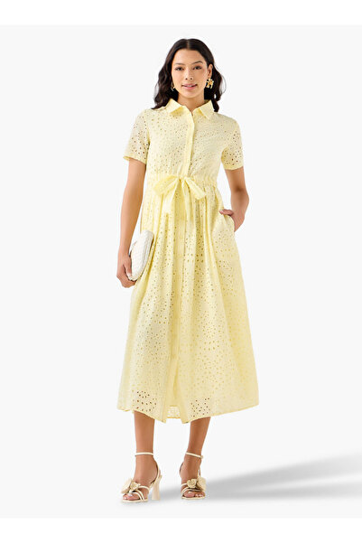 2Xtremz Belted Midi Cotton Shirt Dress with Schiffli Embroidery