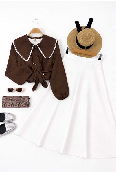 MODA VEDAT Women's Collar with Scallop Detail - Puff Scuba Skirt Set