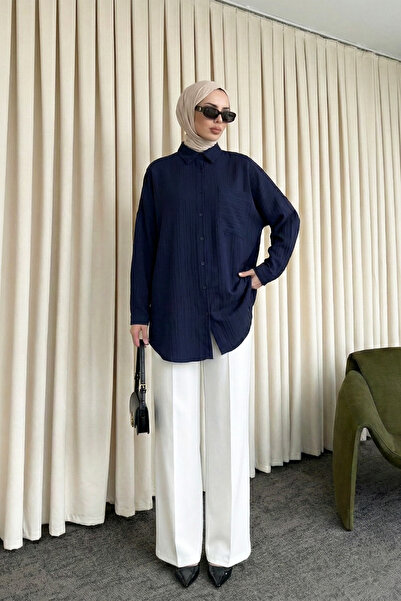 MODAQU Buttoned Crinkle Shirt Tunic - Navy Blue