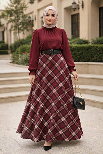 ŞIK VE MUTLU Ekose Desenli Çan Model Tesettür Etek