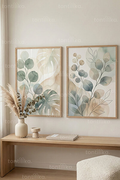 Tontilika Soft Botanik Yapraklar 2’li Ahşap Çerçeveli Tablo Seti