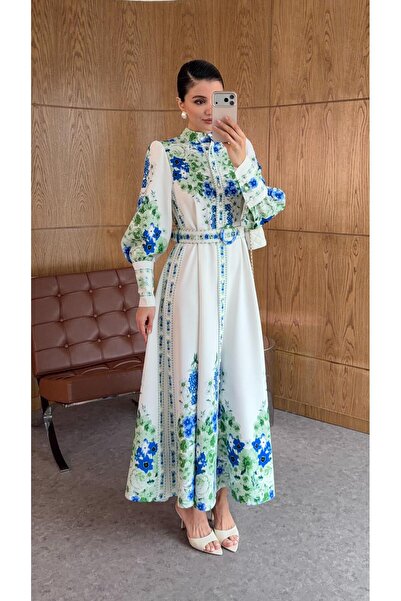 HAZELANNA Dijital Baskı Kemerli Yeşil Elbise