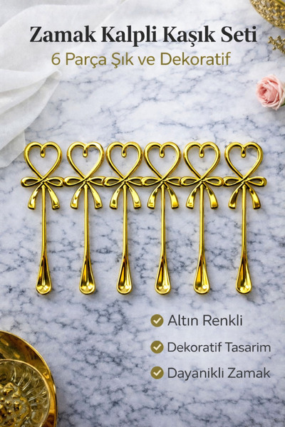 DREAM HEDİYELİK Zamak Kalpli Kaşık Seti 6’lı – Altın Renk Dekoratif Sunum Kaşığı