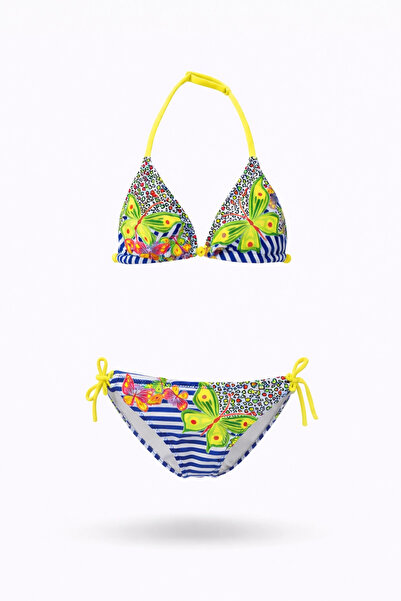 hazelin Girl's Navy Blue Butterfly Patterned 2-8 Years Old Triangle Bikini Se...