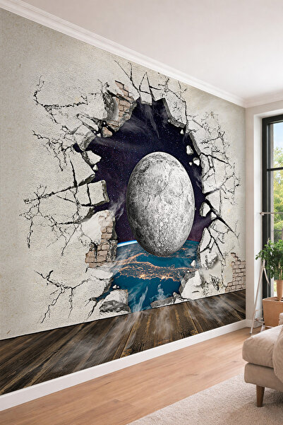 dreamwall Ay ve Dünya Görünümlü 3D Duvar Çatlağı - Uzay Temalı Tek Parça Teks...