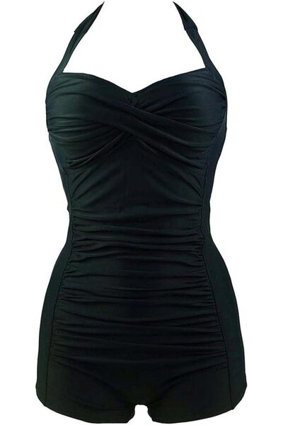 SHEKINI Women's swimsuit, PANOZON, Retro with shorts, High waist, Black, Size XL