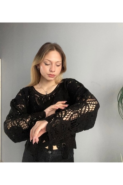 Sosyete Kaplumbağa Süzene Knitted Patterned Knitwear Long-Sleeved Crop