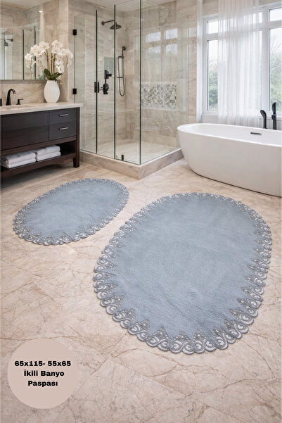 Bestekar Σετ δύο χαλάκια μπάνιου Alina Grey French Lace με μαλακή επιφάνεια, ...