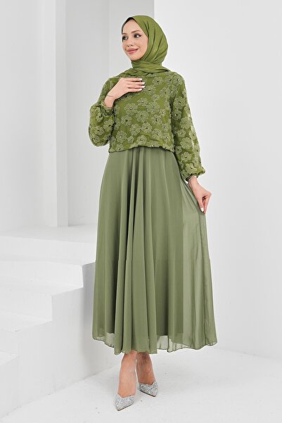 İmajButik Haki Boncuk İşlemeli Abiye