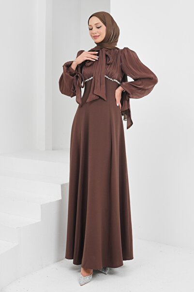 İmajButik Brown Balloon Sleeve Stone Detailed Evening Dress