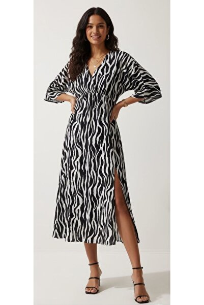 NayStyle Women's Black and White Zebra Patterned Double Breasted Collar Dress...