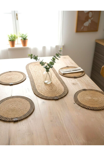 home inn Stain-Resistant Knitted Tableware Set 4 Placemats 33 cm and 1 Runner...