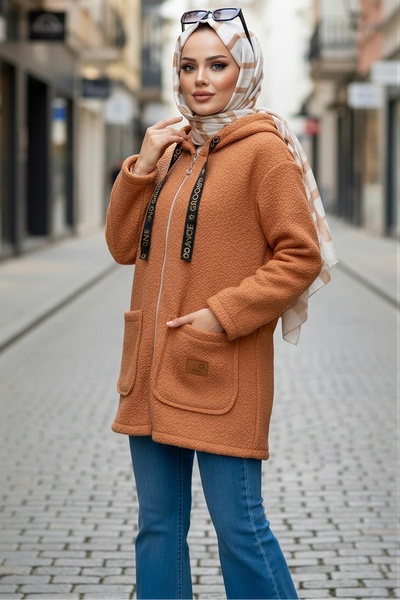 İmajButik Camel Hooded Zippered Boucle Jacket