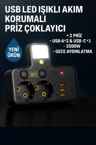 ozbience USB LED Çoklayıcı Priz, 2 Priz ve 3 USB Portu, 2500W, Gece Işıklı