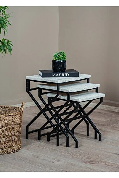 nysamo X Ayak 3 Lü Zigon Sehpa Metal Ayaklı Beyaz Traverten Orta Sehpa