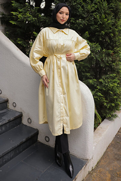 İmajButik Yellow Oversize Stoned Buttoned Gabardine Tunic