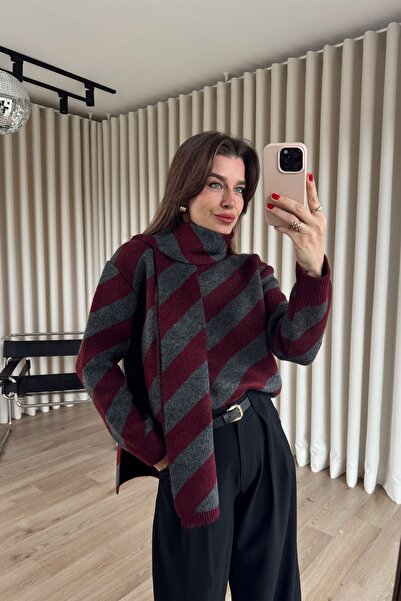 Sue Store Бордовий антрацитовий светр з каймою та шарфом Oversize Triko Kazak