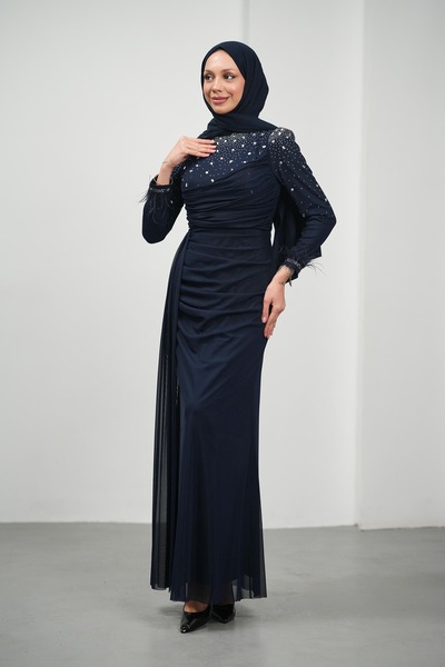 İmajButik Navy Blue Draped Front Evening Dress with Stones