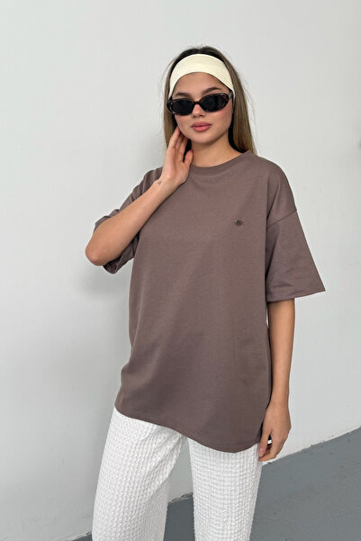 GİYSA Women's Crew Neck T-Shirt with Bow Accessory, 2-Strand, Light Brown - 2...