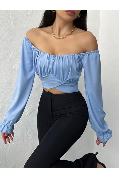 QUTTA Women's Baby Blue Madonna Balloon Sleeve Collar Bottom Cross Gathered D...