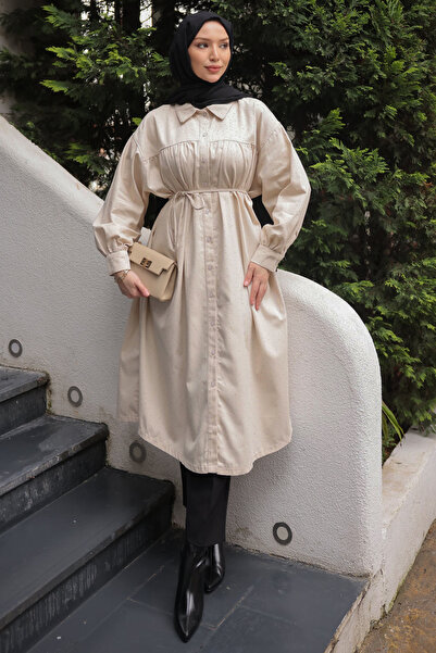 İmajButik Stone Oversize Stoned Buttoned Gabardine Tunic