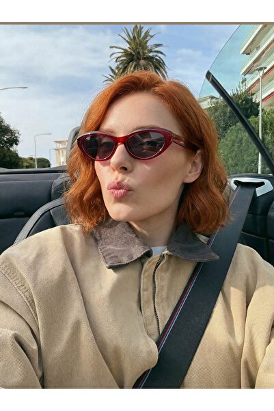 VEGA EYEWEAR Wonderful Bordo CAt eye Güneş Gözlüğü Beyaz çerçeve Siyah Cam Gö...