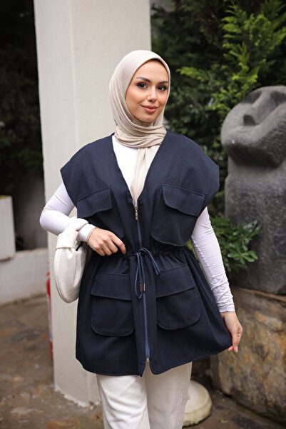 İmajButik Navy Blue Waist-Tie Pocketed Lined Gabardine Vest