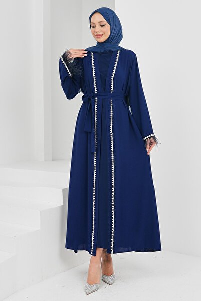 İmajButik Saks Blue Belted Abaya with Stone Detail on the Sleeves