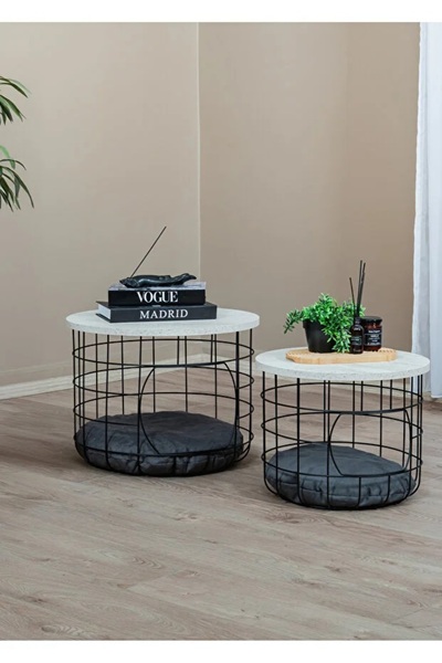 nysamo 2 Li Kedi Yuvalı Sepet Sehpa Metal Gövde Ahşap tabla Minderli Orta Sehpa