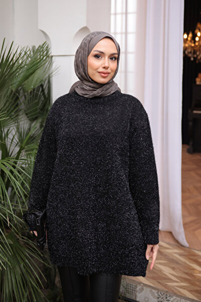 İmajButik Black Crew Neck Glitter Knit Sweater